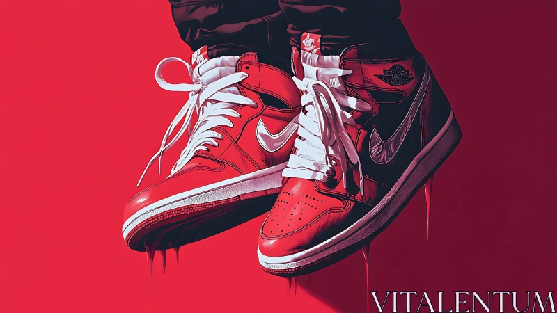 Red high-top sneakers drip over bold monochrome background.