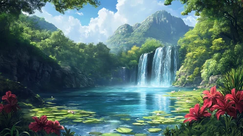 Lush tropical waterfall lagoon with vivid lilies at sunrise.