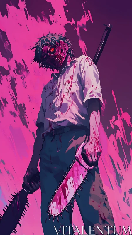 Intense masked warrior standing strong in neon pink chaos.