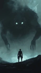 Storm-lit warrior confronting colossal shadow wraith.