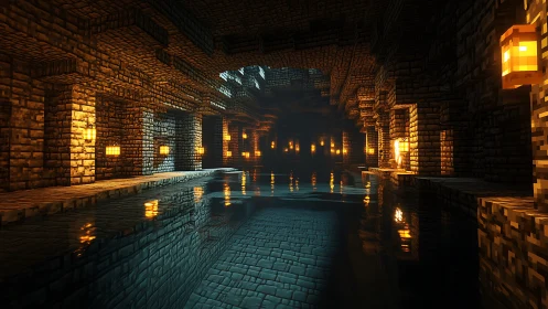 Torchlit voxel canal hums with echoing light and shadow