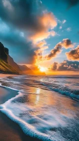 Sunset light reflects over tidal waves on remote beach