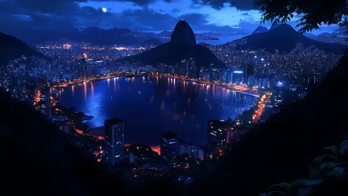 Moonlit bay city glows beneath towering coastal mountains.