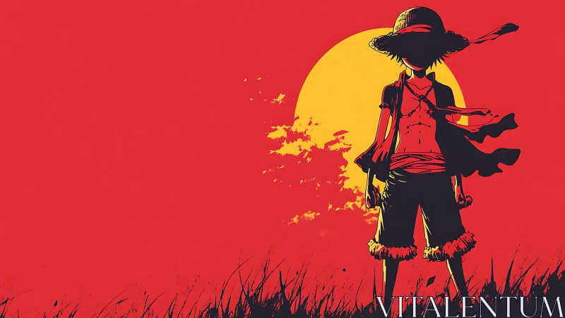Silhouetted straw-hatted hero confronts blazing yellow sun.