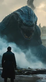 Colossal reptilian kaiju confronts lone figure in coastal fog.