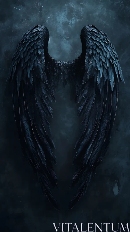 Dark feathered wings on textured blue shadowed wall.