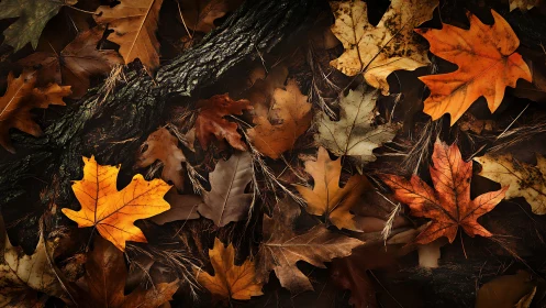 Dry autumn maple leaves scattered on forest floor surface.