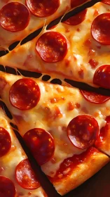 Digital closeup shows glossy pepperoni pizza slices overlap.