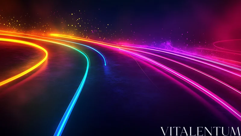 Curved neon light trails on dark reflective surface.