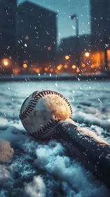 Photorealistic baseball and bat in snow with urban bokeh backdrop.
