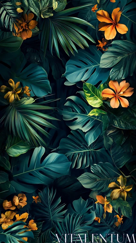 Lush teal jungle leaves frame vivid orange tropical blooms