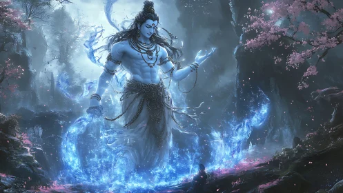 Mystic blue deity rising amid blossoms and swirling starlight.