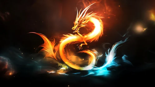 Luminous fire dragon swirling through elemental energy.