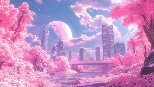 Neon-pink futuristic city skyline under colossal pastel moon.