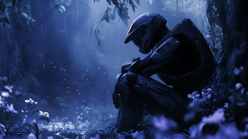 Armored soldier sits alone in dim blue forest clearing