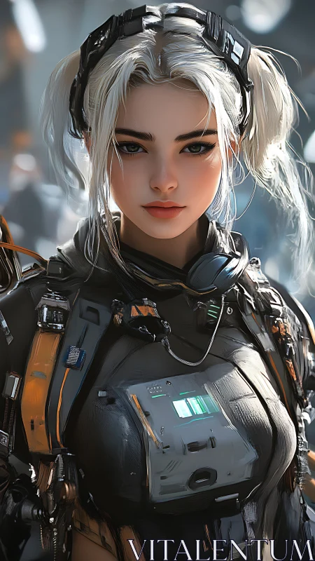 Futuristic female soldier in detailed tech armor portrait.