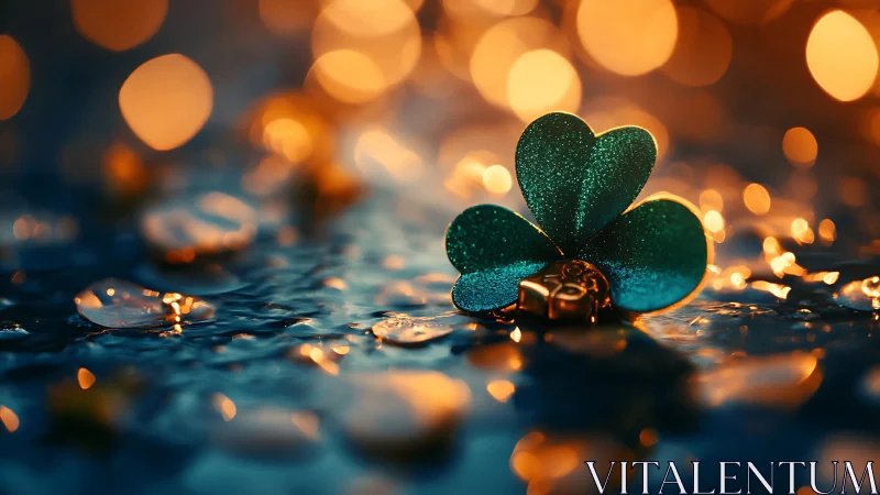 Glittering clover pendant glows against warm bokeh lights