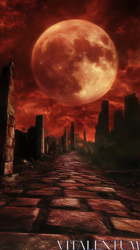 Blood-red moon rising above a lonely broken stone road.
