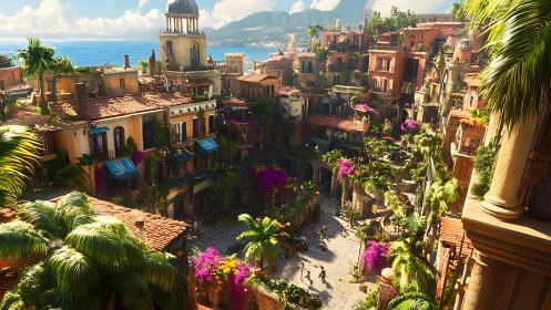 Sunlit Mediterranean courtyard with lush floral terraces.