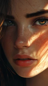 Hyperreal close-up portrait showcases freckled skin and light