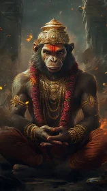 Firelit simian deity in crimson garlands at ruined temple.