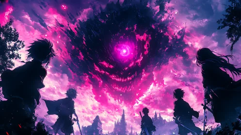 Sword-wielding silhouettes under swirling void sky.