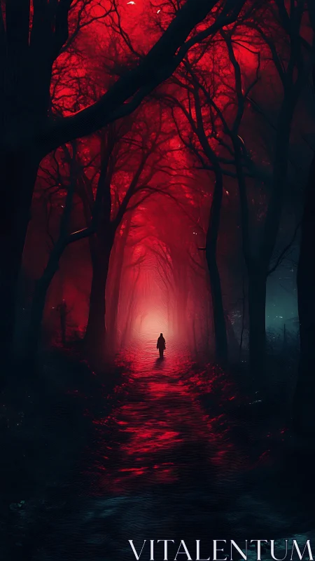 Solitary figure walks into blood-red luminescent forest corridor