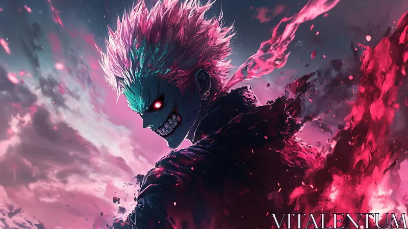 Energetic anime figure with glowing eyes in pink storm field.