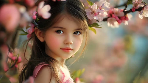 Young Girl Among Cherry Blossoms in Soft Garden Light.