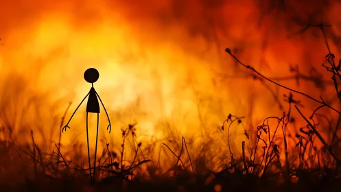 Stick Figure's Sunset Reverie: Solitude Among Dying Blooms.