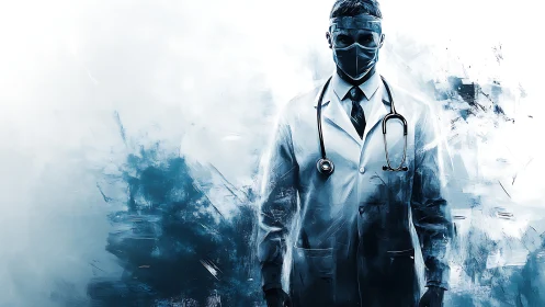 Masked medical professional in abstract blue clinical setting.