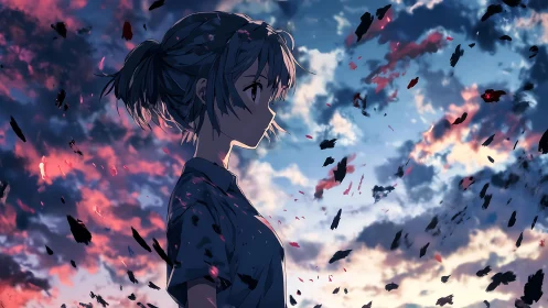 Side profile of anime girl under dramatic dusk sky.