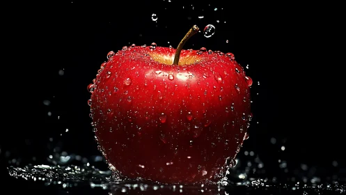 Red apple sits in dark frame covered with water droplets