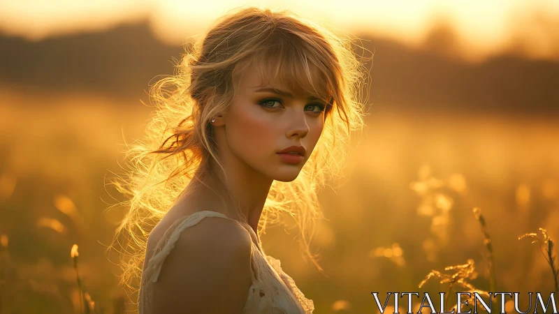 Young woman stands in backlit field at warm sunset light