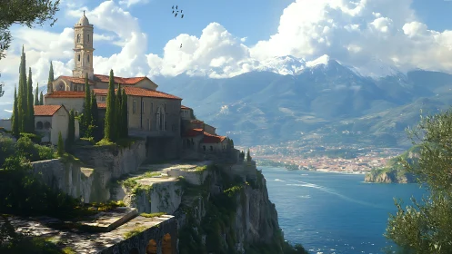 Clifftop monastery overlooking azure bay and snowcapped range.