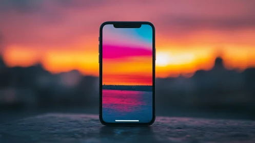 Smartphone displaying sunset landscape with blurred cityscape background.