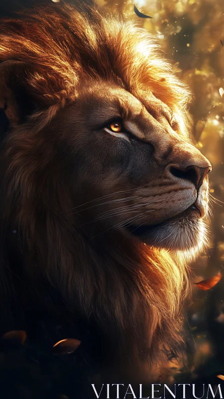 Sunlit lion monarch studies the glowing forest hush