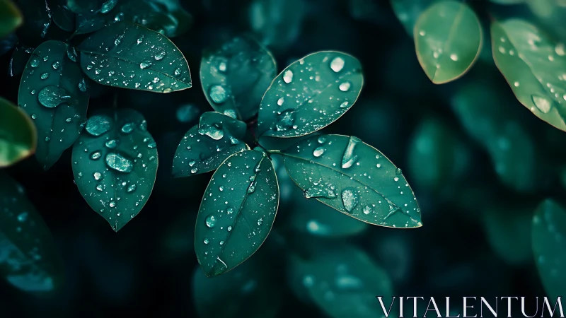 Close view of wet green leaves with surface water droplets.