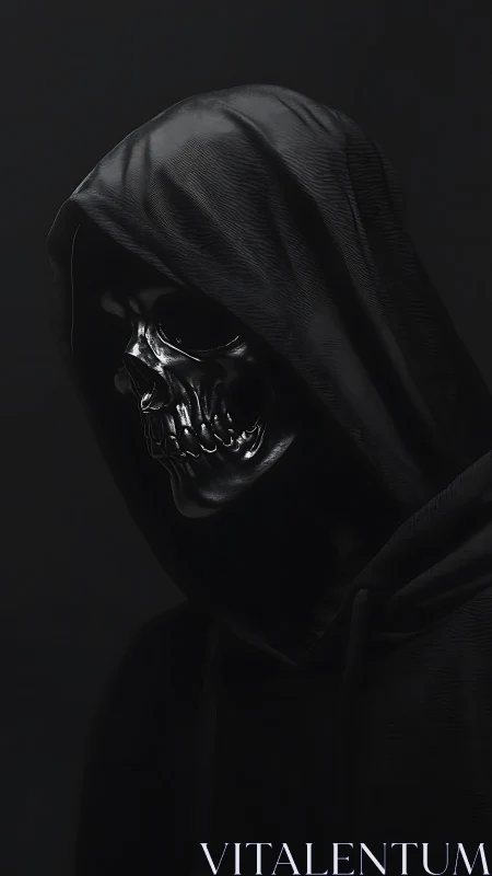 Shadowed skull figure stands quietly in a darkened hood