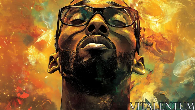 Portrait of contemplative man in vivid abstract light field.