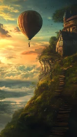 Hot air balloon beside cliffside house at sunset.