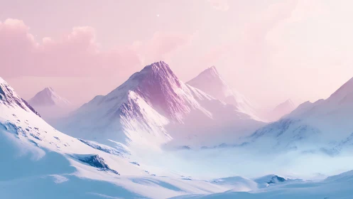 Glacial mountain ridge under diffuse pink atmospheric scattering.