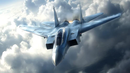 Sleek silver fighter jet glides boldly through bright clouds
