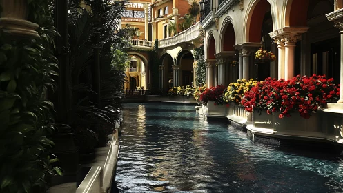 Sunlit canal courtyard with arcaded colonnade and dense floral bands