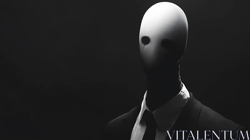 Faceless humanoid figure in suit stands against dark background