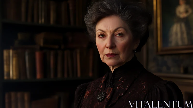 Victorian matriarch stands in shadowed antique library portrait