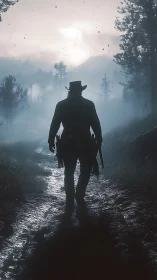 Lone dusk gunslinger strolls into a moonwashed wild silence