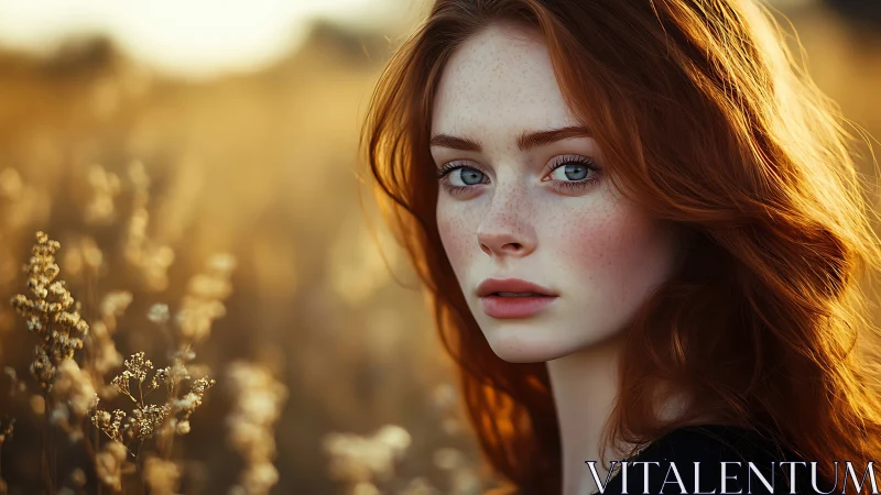 Red haired woman in warm sunset field portrait.