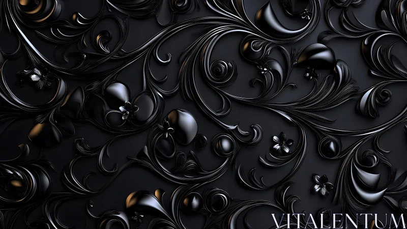 Glossy black baroque floral scrolls create flowing surface
