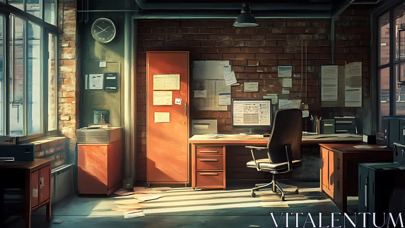 Sunlit industrial office with brick wall workstation focus.
